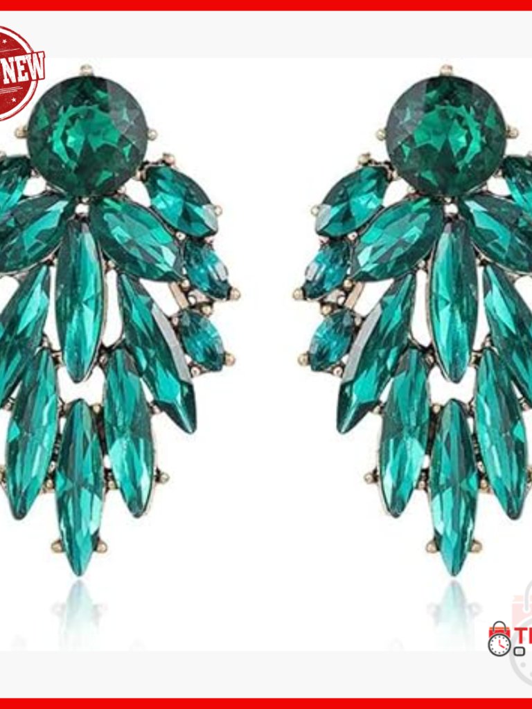 18k Gold Plated Stud Earrings With Emerald Green Crystals, 1.7 Inches